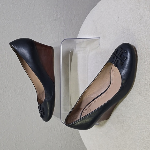 Tory Burch Blue Leather Lowell Wedge Pumps